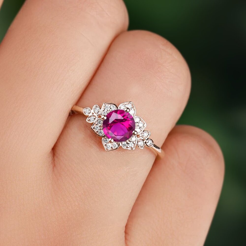 Vintage Style Floral ring - Flamingo Pink Ruby, Art Deco Flower Ring - Picture 4 of 4